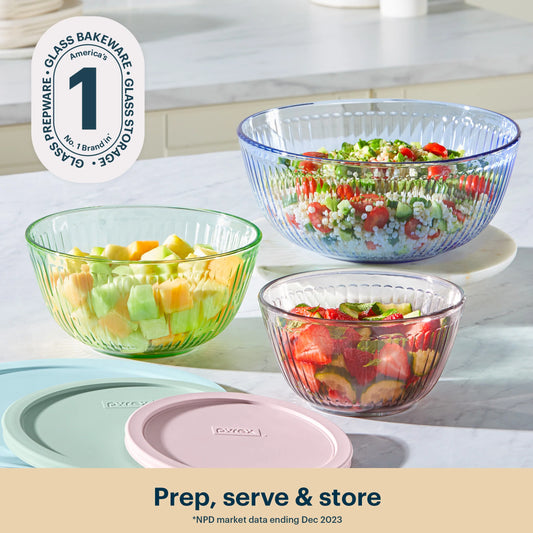 Pyrex® Sculpted Tinted Glass Mixing Bowls with Lids, 6-pc Set, Mixed Colors