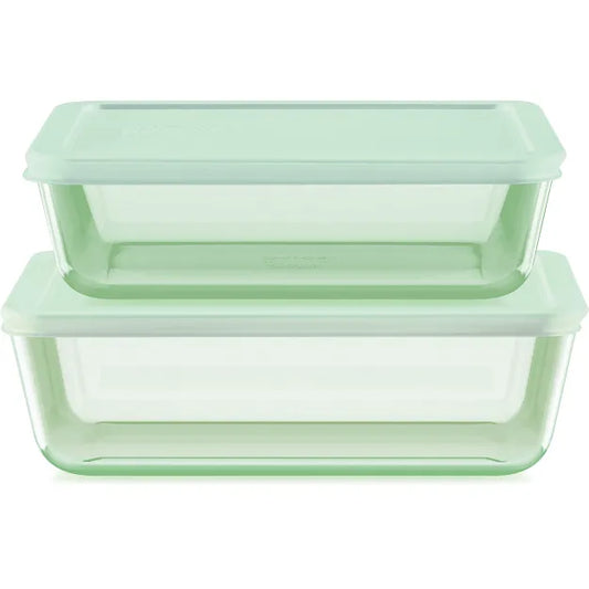 Pyrex® Simply Store® Tinted 4-piece Rectangle Storage Set with Green Plastic Lids